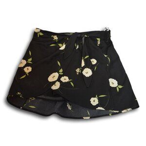 DR2 Women’s Floral Wrap Skort L Black Yellow Cream Flowers Pull-On Shorts L NWT